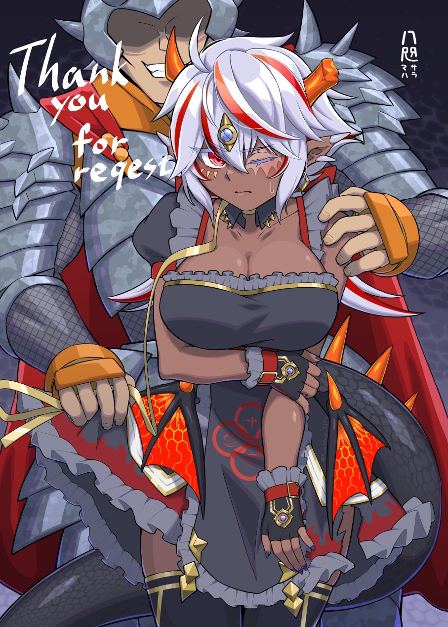 1boy 1girl ahoge albaz_(yu-gi-oh!) armor black_dress black_nails black_thighhighs breasts broken_horn cape cleavage commission dark-skinned_female dark_skin defeat dragon_horns dragon_tail dress duel_monster english_text engrish_text evil_grin evil_smile fallen_of_albaz fingerless_gloves genderswap genderswap_(mtf) gloves grey_hair grin highres holding_own_arm horns large_breasts mini_wings multicolored_hair pointy_ears ranguage red_cape red_eyes scar scar_across_eye scar_on_face signature skeb_commission smile streaked_hair tail thighhighs torn_clothes torn_dress wings yata_masahara yu-gi-oh!