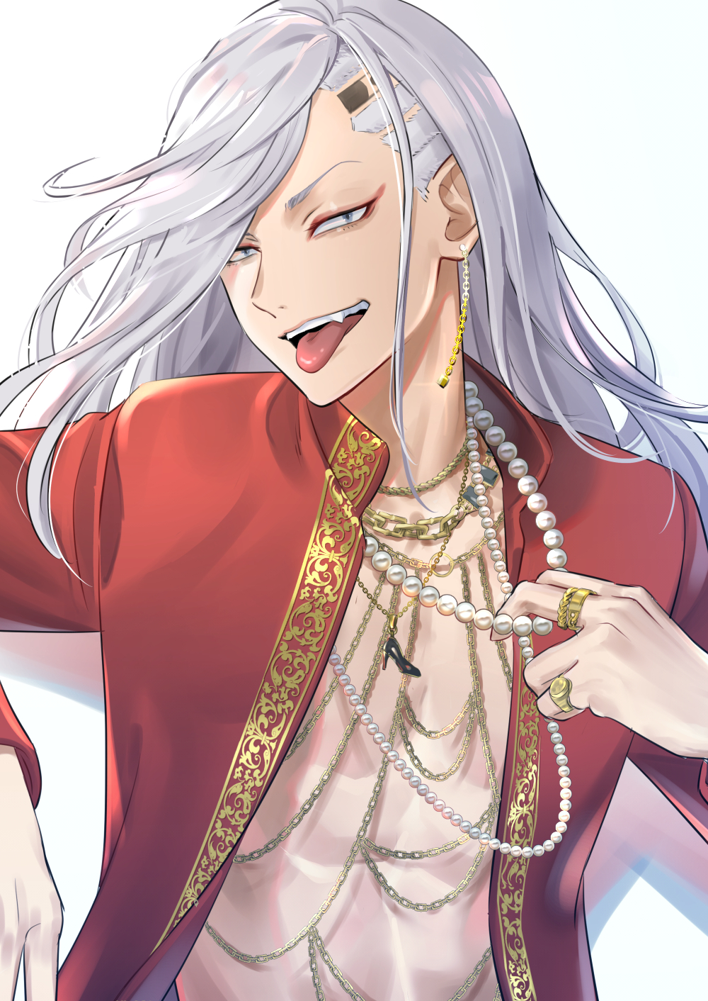 1boy cst earrings grey_eyes hand_up highres jacket jewelry kokonoi_hajime long_hair long_sleeves looking_at_viewer male_focus necklace open_clothes open_jacket open_mouth pearl_necklace red_jacket ring single_earring smile solo teeth tokyo_revengers tongue tongue_out tsurime upper_body white_background white_hair