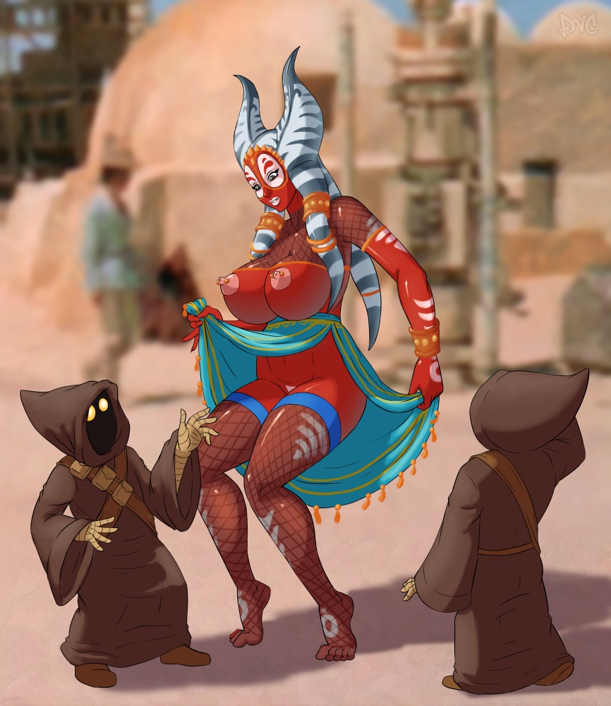 1girl 2boys alien barbell_piercing blurry breasts brown_robe clothes_lift colored_skin demien depth_of_field fishnet_thighhighs fishnets jawa large_breasts multiple_boys nipple_piercing nipples piercing red_skin robe shaak_ti skirt skirt_lift star_wars thighhighs tiptoes togruta