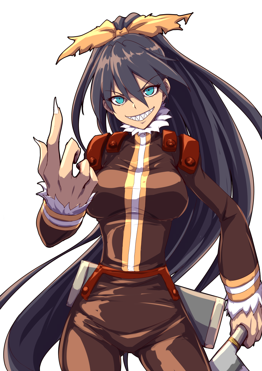 00s 1girl black_hair blue_eyes breasts clearite cosplay female_focus fingernails ganaha_hibiki grin highres idolmaster idolmaster_(classic) knife large_breasts long_hair pointing pointing_up ponytail simple_background smile solo tengen_toppa_gurren_lagann viral_(cosplay) viral_(ttgl) white_background