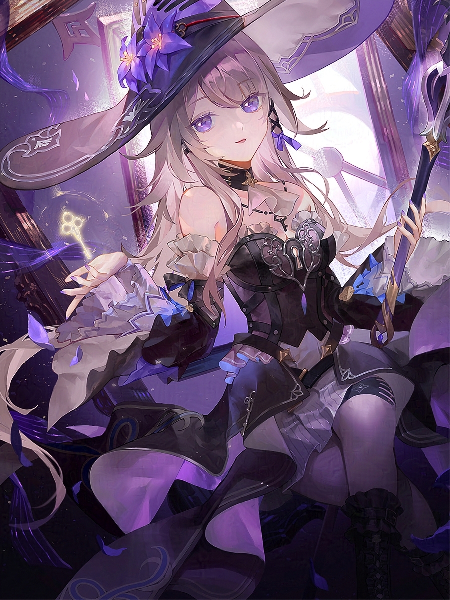 1girl ascot bare_shoulders black_dress black_hat breasts daeraeband detached_collar detached_sleeves dress flower grey_hair hat hat_flower herta_(honkai:_star_rail) highres honkai:_star_rail honkai_(series) jewelry key key_necklace long_hair looking_at_viewer medium_breasts necklace parted_lips purple_eyes sidelocks skirt smile solo staff the_herta_(honkai:_star_rail) white_skirt witch_hat