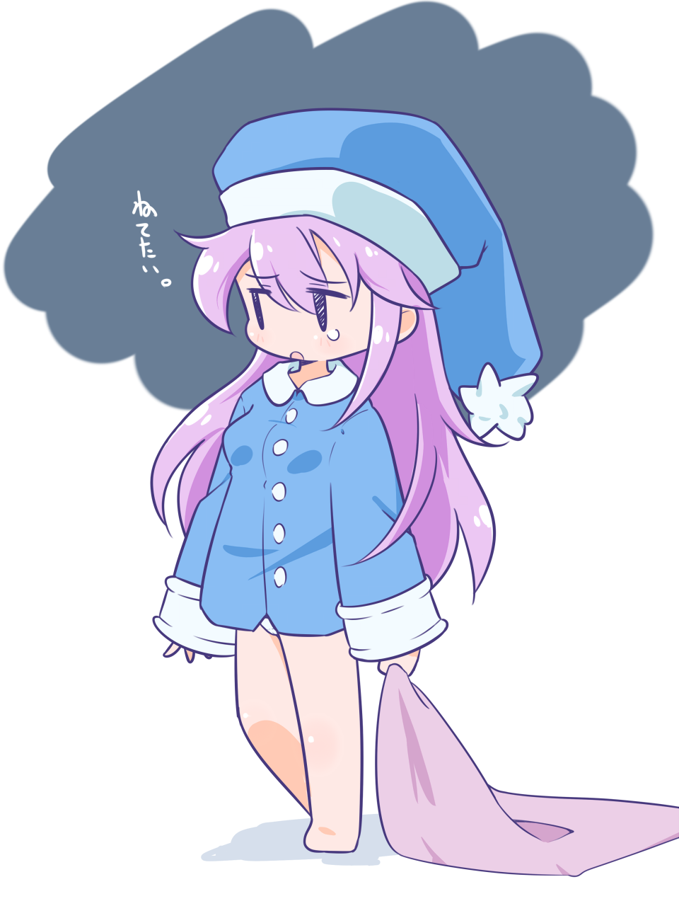 1girl barefoot blanket cello_(20000) character_request female_focus hat holding holding_blanket japanese_text long_hair no_pants pajamas panties purple_hair solo underwear walking webp-to-png_conversion white_panties