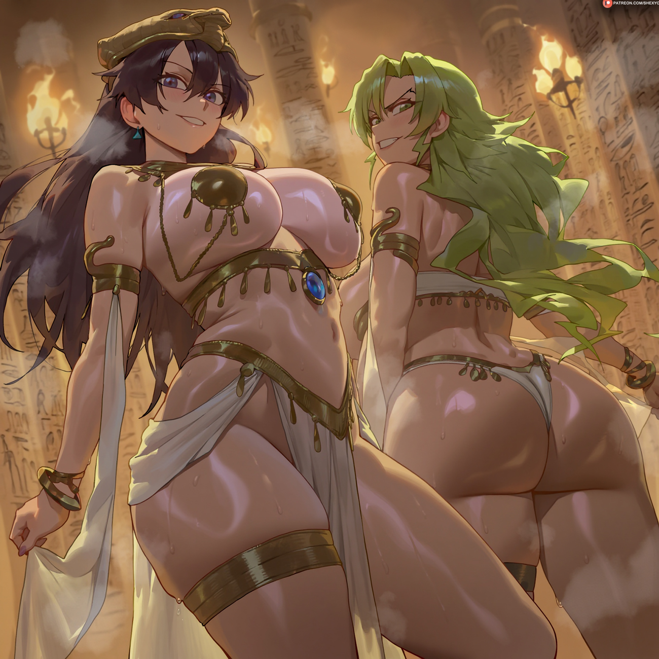 2girls ai-assisted ancient_egyptian_clothes ass bambietta_basterbine black_hair bleach bleach:_sennen_kessen-hen blue_eyes breasts candice_catnipp commentary earrings green_eyes green_hair hair_between_eyes harem_outfit hat hieroglyphics highres huge_ass jewelry large_breasts long_hair multiple_girls navel pasties pelvic_curtain shexyo shiny_skin smirk sternritter stomach sweat thick_thighs thigh_strap thighs