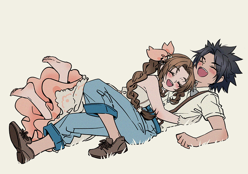 1boy 1girl aerith_gainsborough aged_down alternate_costume bare_shoulders barefoot black_hair blue_pants blush bow bowtie braid braided_ponytail brown_footwear brown_hair collared_shirt commentary couple crisis_core_final_fantasy_vii denim dress feet final_fantasy final_fantasy_vii final_fantasy_vii_rebirth final_fantasy_vii_remake flower full_body gloves grey_bow grey_bowtie hair_flower hair_ornament hair_ribbon happy hug huosheanng jeans long_hair lying on_back open_mouth pants parted_bangs pink_ribbon ribbon shirt simple_background smile spiked_hair symbol-only_commentary white_dress white_gloves white_shirt zack_fair