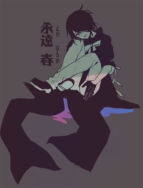 1beatheart 1bitheart 1boy black_gloves black_hair gloves haruka_towa miwasiba partially_colored ribbon simple_background sitting white_ribbon