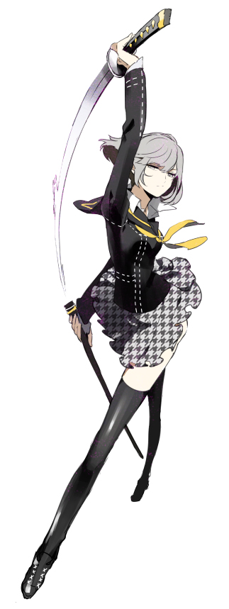 1girl atlus female_focus gender_request genderswap grey_hair houndstooth katana narukami_yu persona persona_4 school_uniform serori short_hair skirt solo sword thighhighs weapon