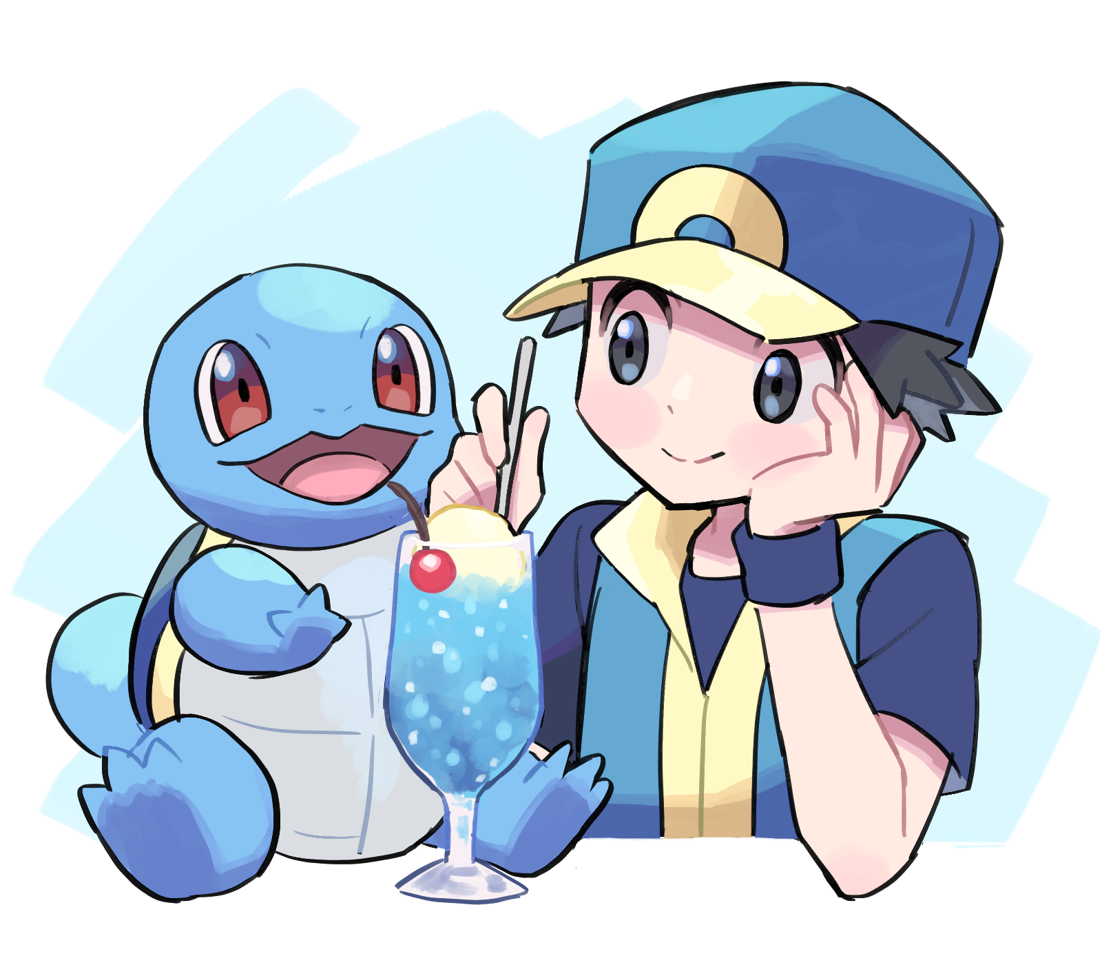 1boy alternate_color black_eyes black_hair blue_hat blue_jacket commentary_request food game_freak gen_1_pokemon hat head_rest highres ice_cream jacket male_focus nintendo open_mouth pokemon pokemon_(creature) pokemon_frlg pumpkinpan red_(pokemon) smile squirtle sundae wristband
