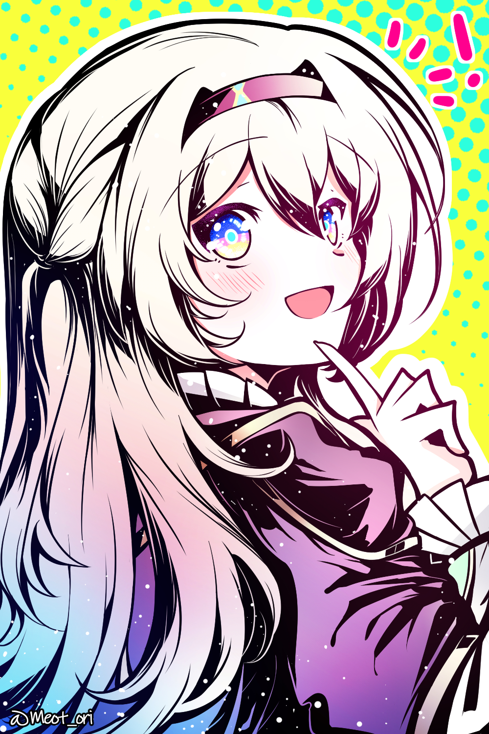 1girl black_hairband blush electronduck firefly_(honkai:_star_rail) frilled_sleeves frills green_pupils grey_hair hair_between_eyes hair_intakes hair_ornament hair_ribbon hairband hand_on_own_face highres honkai:_star_rail honkai_(series) jacket long_sleeves multicolored_eyes open_mouth polka_dot polka_dot_background ribbon smile twitter_username two-tone_eyes