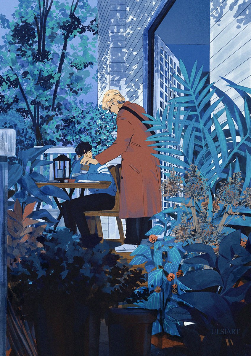 2boys bag black_hair black_pants blonde_hair blue_theme book building chair coat commentary cup day door english_commentary eniddin foliage glasses highres holding holding_cup hunched_over lantern leaf long_sleeves looking_down male_focus multiple_boys original outdoors pants plant potted_plant railing scenery shoes short_hair sitting standing sweater table tree