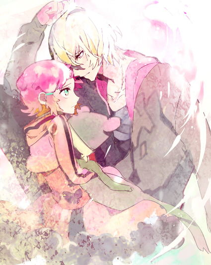 10s 1boy 1girl aquarion_(series) aquarion_evol bad_id bad_pixiv_id blonde_hair brown_eyes brown_hair eye_contact green_eyes hair_ornament hairclip jacket jin_musou looking_at_another multicolored_hair purple_hair serori short_hair stuffed_animal stuffed_frog stuffed_toy tama_(aquarion) yunoha_thrul