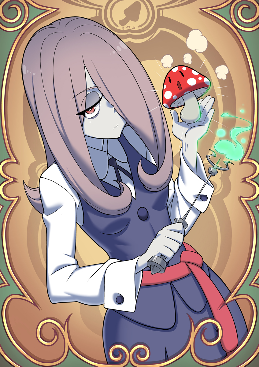 1girl female_focus hair_over_one_eye highres holding holding_wand kjech little_witch_academia long_hair long_sleeves looking_at_viewer mushroom pink_hair red_eyes solo sucy_manbavaran wand