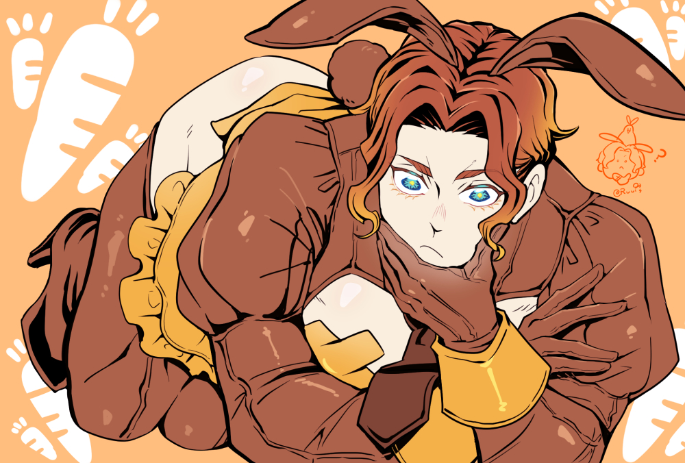 1boy apron ass bare_pectorals blue_eyes boots brown_boots brown_gloves brown_hair brown_necktie brown_thighhighs carrot_background closed_mouth collared_shirt crossdressing crossdressing_(mtf) curly_hair frilled_apron frills gloves hand_on_own_chin high_heels leotard long_sleeves looking_at_viewer maid male_focus male_maid male_playboy_bunny meme_attire muscular muscular_male necktie nikola_tesla_(shuumatsu_no_valkyrie) orange_apron orange_background pasties pectorals playboy_bunny puffy_long_sleeves puffy_sleeves rabbit_boy rabbit_ears rabbit_tail reverse_bunnysuit reverse_outfit shirt short_hair shrug_(clothing) shuumatsu_no_valkyrie solo thighhighs wrist_cuffs