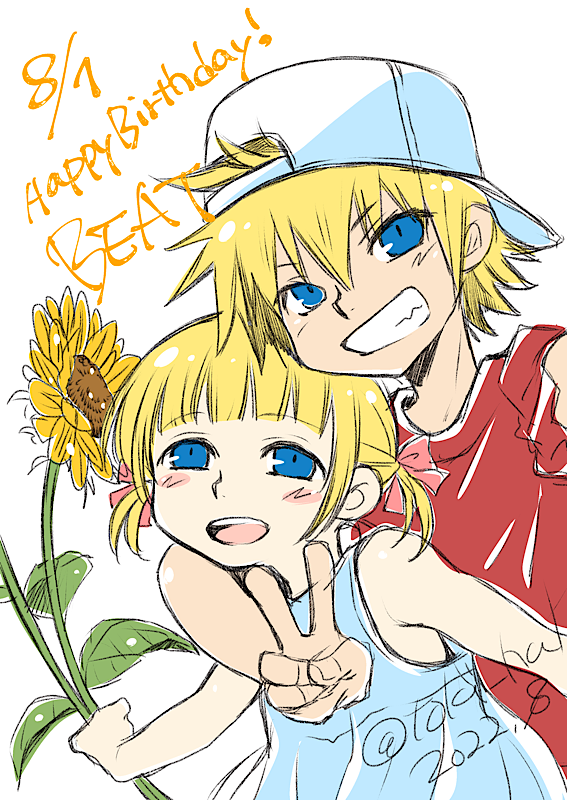 1boy 1girl aged_down backwards_hat baseball_cap bito_daisukenojo bito_raimu blonde_hair blue_dress blue_eyes blunt_bangs blush_stickers brother_and_sister dress flower grin hair_ribbon happy_birthday hat hug hug_from_behind open_mouth pink_ribbon red_shirt ribbon shirt short_hair siblings smile subarashiki_kono_sekai sunflower twintails v white_headwear