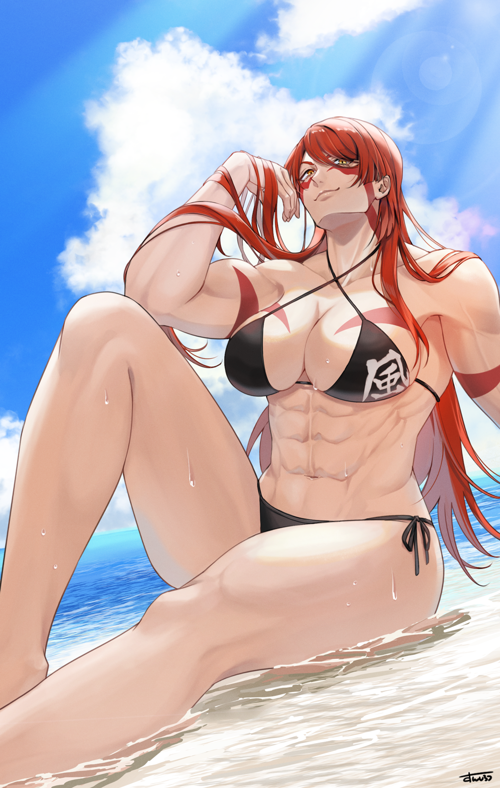 1girl abs beach bikini black_bikini breasts cleavage cloud cloudy_sky facial_mark fuuma_kotarou_(tenkaichi) highres in_water japanese_text large_breasts long_hair looking_at_viewer muscular muscular_female red_hair sitting sky solo sunsirou swept_bangs swimsuit tattoo tenkaichi_nihon_saikyou_bugeisha_ketteisen yellow_eyes