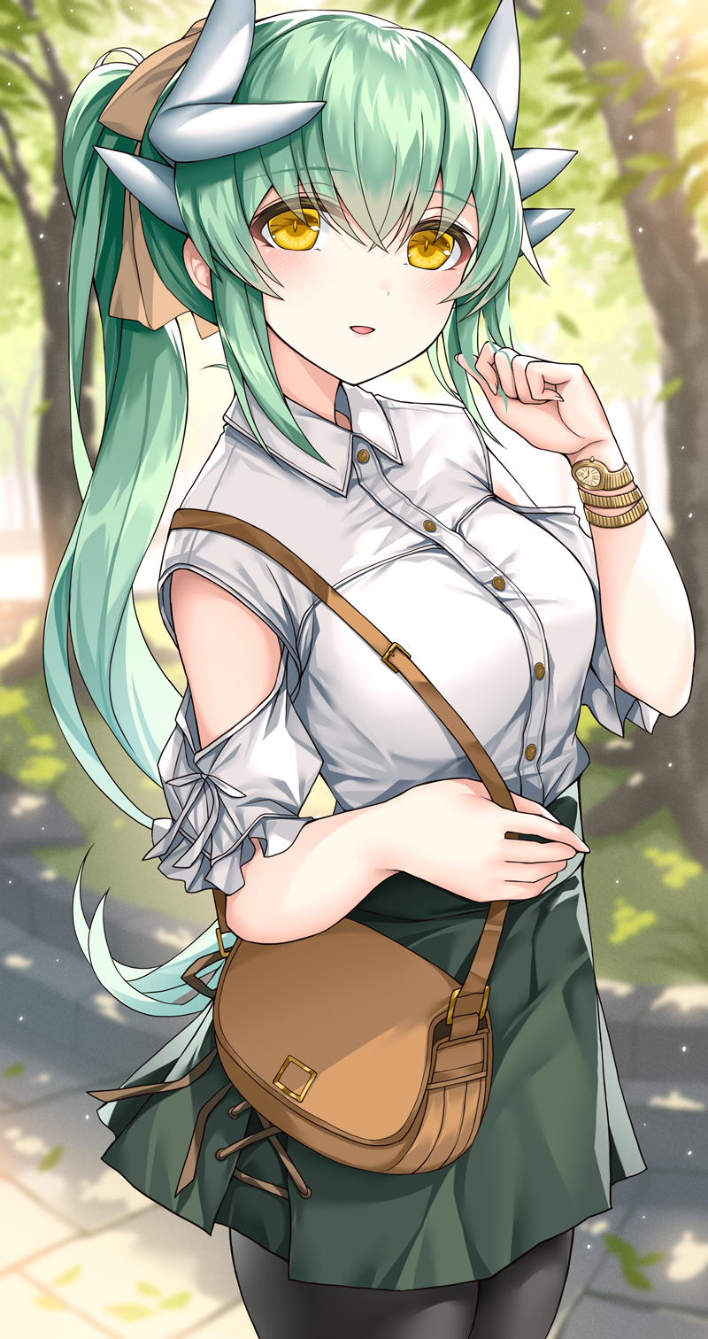 1girl alternate_costume bag black_pantyhose blush breasts brown_bag collared_shirt crossed_bangs dragon_girl dragon_horns fate/grand_order fate_(series) green_hair green_skirt hand_up highres horns kiyohime_(fate) large_breasts long_hair looking_at_viewer morizono_shiki outdoors pantyhose parted_lips ponytail shirt skirt smile solo white_shirt yellow_eyes