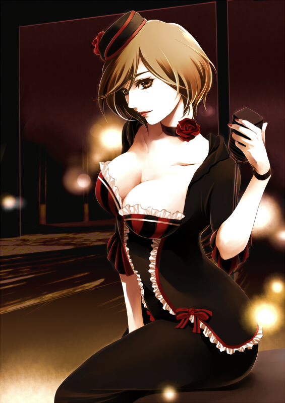 1girl breasts brown_eyes brown_hair choker cleavage female_focus hat large_breasts meiko_(lorelei)_(vocaloid) meiko_(vocaloid) microphone nail_polish pantyhose project_diva_(series) project_diva_extend short_hair smile solo toyu vocaloid