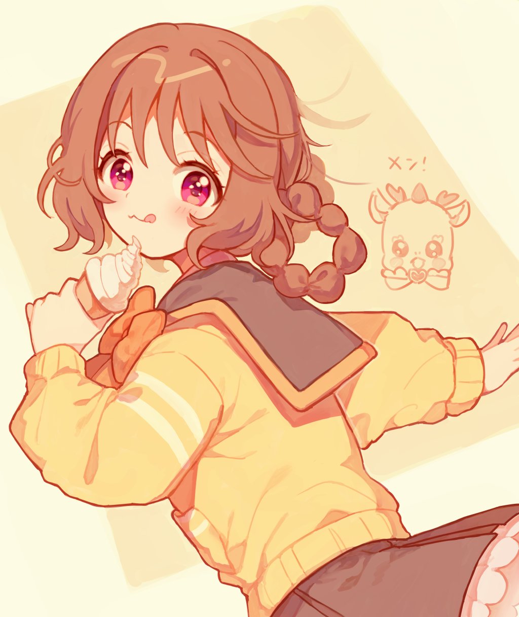 1girl :3 :q black_sailor_collar black_skirt bow bowtie braid braided_hair_rings brown_hair closed_mouth delicious_party_precure eyelashes food frilled_skirt frills from_behind hair_rings hanamichi_ran highres holding holding_food holding_ice_cream ice_cream jacket kannagi6 looking_at_viewer looking_back mem-mem_(precure) orange_bow orange_bowtie pink_background precure sailor_collar school_uniform serafuku short_hair skirt smile solo standing tareme tongue tongue_out yellow_background yellow_jacket