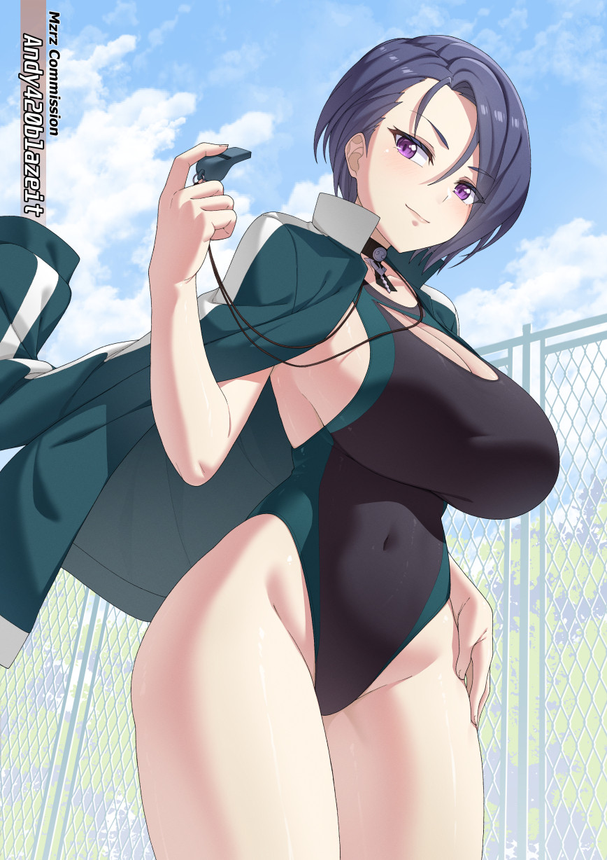 1girl alternate_costume bare_legs black_one-piece_swimsuit blue_hair breasts choker cleavage cleavage_cutout clothing_cutout commission fire_emblem fire_emblem:_three_houses highres jacket large_breasts looking_at_viewer mzrz nintendo one-piece_swimsuit open_clothes open_jacket purple_eyes shamir_nevrand sideboob smile swimsuit thick_thighs thighs whistle whistle_around_neck