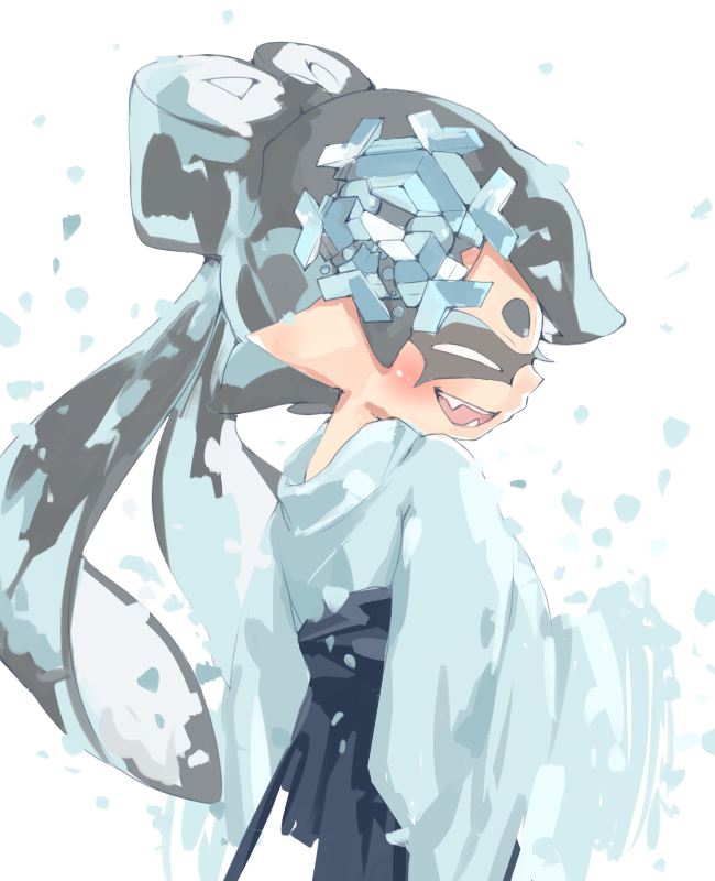 1girl ^_^ alternate_costume black_hair blue_hakama blue_kimono bow-shaped_hair callie_(splatoon) closed_eyes cowboy_shot cryogonal fangs from_behind gen_5_pokemon hakama happy japanese_clothes kimono light_blush long_hair long_sleeves matsushita_(matsudbox) nintendo open_mouth paint petals pokemon short_kimono simple_background sleeves_past_fingers sleeves_past_wrists smile solo splatoon_(series) teeth tentacle_hair upper_teeth_only very_long_hair white_background wide_sleeves