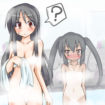 00s 2girls ? akiyama_mio altorealize arms_behind_back black_hair blush breast_awe breasts brown_eyes censored censored_nipples closed_mouth convenient_censoring flat_chest holding holding_towel k-on! long_hair looking_at_breasts lowres medium_breasts multiple_girls nakano_azusa navel no_nose nude one-piece_tan standing steam steam_censor sweatdrop tan tanline towel twintails water yuri