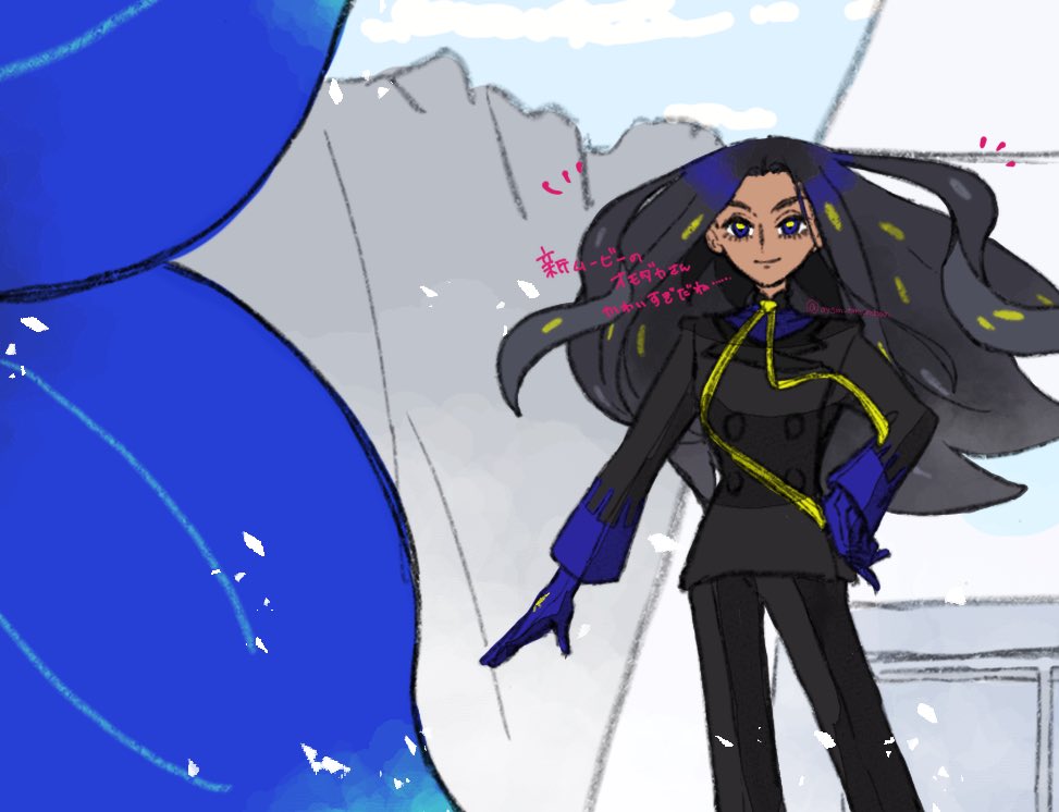 1girl black_hair black_jacket black_pants blue_eyes blue_gloves buttons closed_mouth commentary_request geeta_(pokemon) glimmora gloves hand_on_own_hip jacket long_hair long_sleeves neck_ribbon nintendo oysm_tmwrchan pants pokemon pokemon_(anime) pokemon_(creature) pokemon_horizons ribbon sketch smile yellow_ribbon