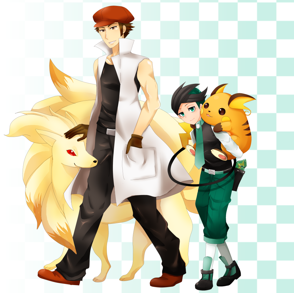 2boys frontier_brain gen_1_pokemon multiple_boys ninetales nintendo noland_(pokemon) pokemon pokemon_dppt pokemon_emerald pokemon_platinum pokemon_rse raichu red_cap riri_(anewday) thorton_(pokemon)