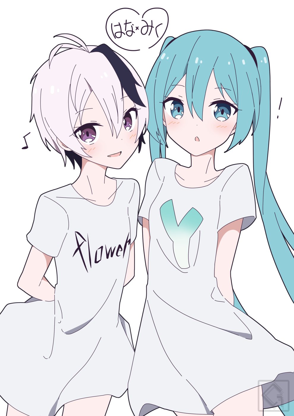 ! 2girls ahoge aqua_eyes aqua_hair arms_behind_back artist_logo black_hair character_name clothes_writing collarbone commentary cowboy_shot eighth_note flower_(vocaloid) flower_(vocaloid4) giryu hatsune_miku heart highres light_blush logo long_hair looking_at_viewer multicolored_hair multiple_girls musical_note open_mouth purple_eyes shirt short_hair short_sleeves smile spring_onion_print streaked_hair translated twintails two-tone_hair very_long_hair vocaloid white_background white_hair white_shirt