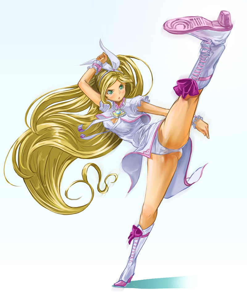 10s 1girl alternate_costume blonde_hair boots bow brooch cure_rhythm female_focus full_body goru_(cure_golgom) green_eyes hairband jewelry kicking knee_boots long_hair magical_girl minamino_kanade miniskirt panties pantyshot pink_bow precure serious skirt solo suite_precure underwear upskirt white_background white_panties
