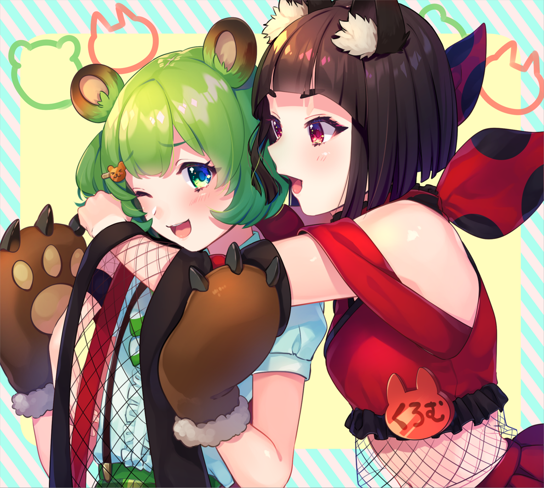 2girls animal_ears animare bbbannooo bear_ears bear_paws black_hair blush breasts fox_ears green_eyes green_hair hair_ornament hairclip hinokuma_ran inari_kuromu looking_at_another medium_breasts multiple_girls nanashi_inc. one_eye_closed open_mouth red_eyes short_hair short_sleeves smile virtual_youtuber