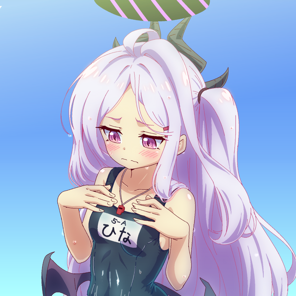 1girl ahoge blue_archive blue_one-piece_swimsuit blush breast_conscious demon_girl demon_horns demon_wings duck_innertube flat_chest hair_ornament hairclip halo hina_(blue_archive) hina_(swimsuit)_(blue_archive) horns innertube jin_rey long_hair low_wings multiple_horns name_tag official_alternate_costume old_school_swimsuit one-piece_swimsuit parted_bangs purple_eyes purple_wings school_swimsuit solo swim_ring swimsuit very_long_hair whistle whistle_around_neck white_hair white_innertube wings