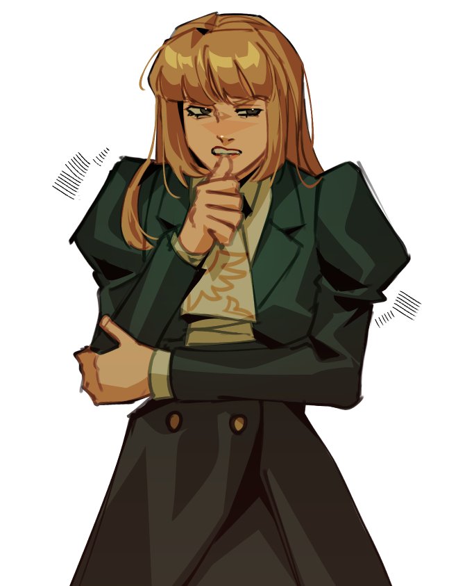 1girl biting biting_own_thumb blunt_bangs brown_eyes brown_hair crocrubies dress frustrated holding_own_arm hime_cut long_hair long_skirt parted_lips simple_background skirt umineko_no_naku_koro_ni ushiromiya_rosa white_background