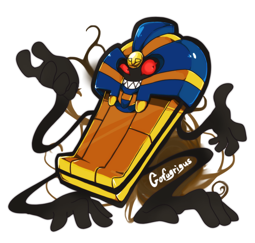 character_name cofagrigus full_body gen_5_pokemon nintendo no_humans ota&#039;s pokemon pokemon_(creature) red_eyes sarcophagus sharp_teeth sideways_glance simple_background smoke solo teeth white_background