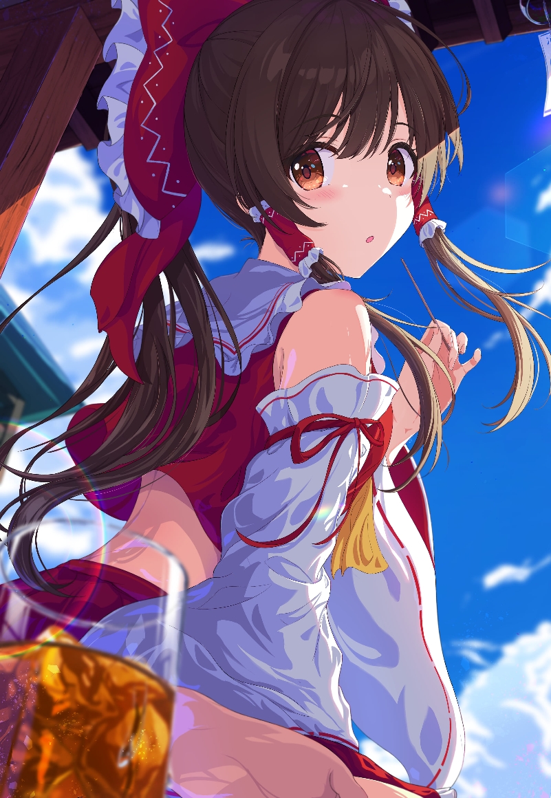 1girl blue_sky blurry blurry_background blush bow brown_eyes brown_hair cloud commentary cup day detached_sleeves drinking_glass frilled_bow frills hair_bow hakurei_reimu lens_flare long_hair long_sleeves looking_at_viewer natu_zora outdoors parted_lips red_bow red_shirt ribbon-trimmed_sleeves ribbon_trim shirt sky solo summer touhou veranda white_sleeves