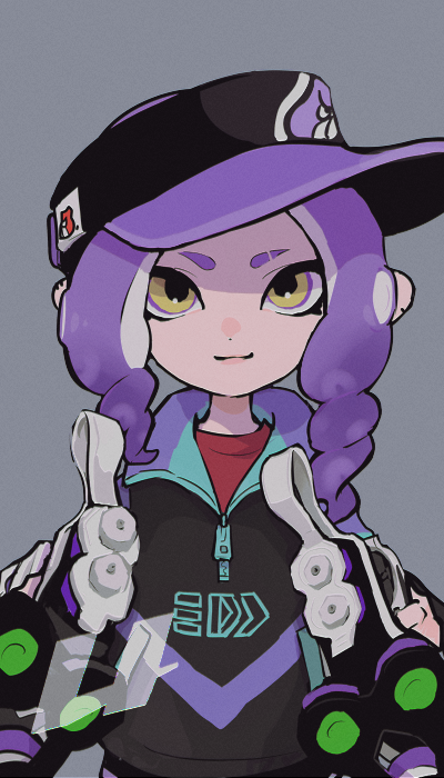 1girl closed_mouth commentary eyebrow_cut grey_background imaikuy0 jacket long_hair multicolored_jacket nintendo octoling octoling_girl octoling_player_character purple_hair red_shirt shirt smile solo splatoon_(series) straight-on symbol-only_commentary tentacle_hair tetra_dualies_(splatoon) visor_cap yellow_eyes zipper zipper_pull_tab