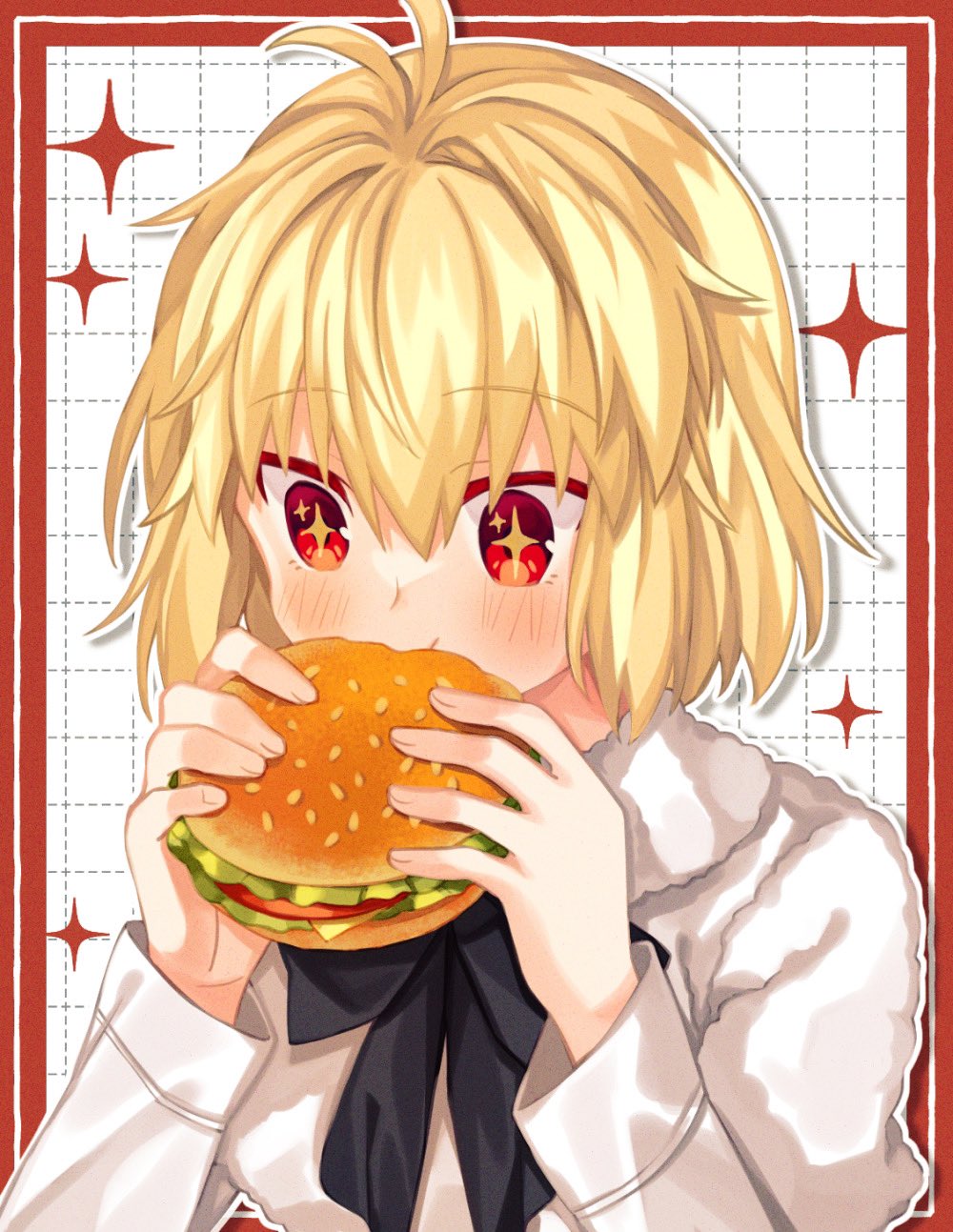 +_+ 1girl ahoge antenna_hair arcueid_brunestud black_bow blonde_hair blush bow bowtie burger cape capelet commentary dress eating food highres holding holding_burger holding_food official_alternate_costume sakura-no short_hair tsukihime tsukihime_(remake) upper_body white_cape white_dress