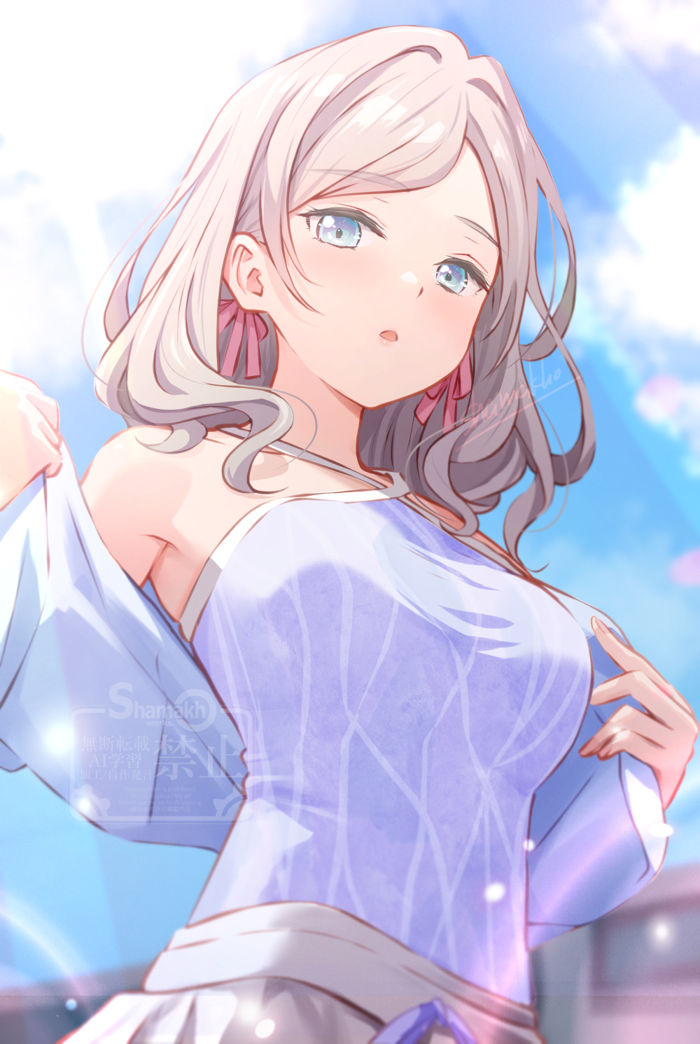 1girl blue_eyes blue_jacket blue_sky breasts ceras_yanagida_lilienfeld ceras_yanagida_lilienfeld_(summer_training_wear) cloud commentary_request from_below grey_hair hair_ribbon highres jacket large_breasts link!_like!_love_live! long_hair looking_at_viewer love_live! open_mouth outdoors purple_shirt removing_jacket ribbon shamakho shirt skirt sky solo sunlight virtual_youtuber watermark white_skirt
