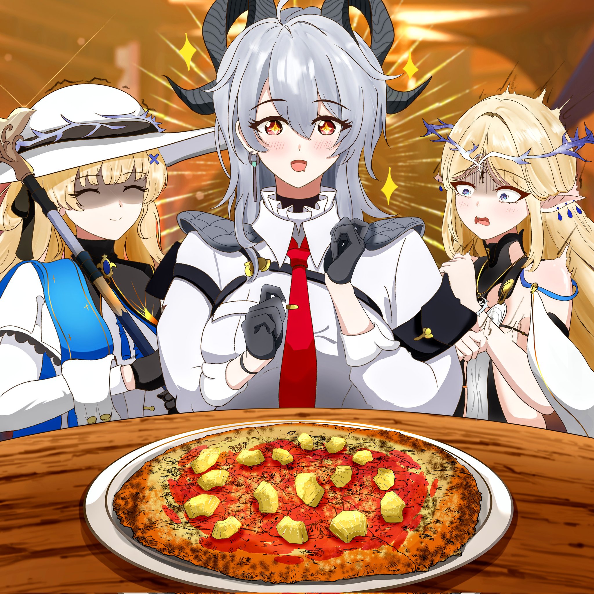 3girls armband bare_shoulders black_armband black_choker black_collar black_gloves black_horns blonde_hair blue_eyes blue_gemstone blue_sash breasts bunchosan_dayo cartethyia_(wuthering_waves) chest_harness choker closed_eyes collar collared_shirt commentary_request crown_of_thorns curled_horns disgust drooling food gem gloves grey_hair hair_between_eyes hair_ornament harness hat highres holding holding_staff horns indoors large_breasts long_hair medium_hair multiple_girls necktie open_mouth partially_shaded_face phoebe_(wuthering_waves) pineapple_on_pizza pizza red_eyes red_necktie sash shirt smile staff star-shaped_pupils star_(symbol) symbol-shaped_pupils tacet_mark_(wuthering_waves) trembling white_hat white_shirt wide-eyed wuthering_waves x_hair_ornament yellow_pupils zani_(wuthering_waves)