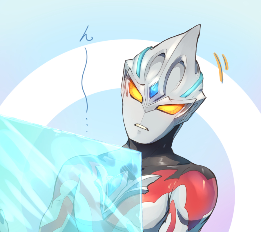 1boy blue_background color_timer colored_skin commentary_request energy_barrier energy_shield forehead_jewel gradient_background head_tilt holding holding_shield male_focus motion_lines multicolored_skin no_pupils parted_lips purple_background red_skin shield shungyou silver_skin solo tokusatsu ultra_series ultraman_arc ultraman_arc_(series) yellow_eyes