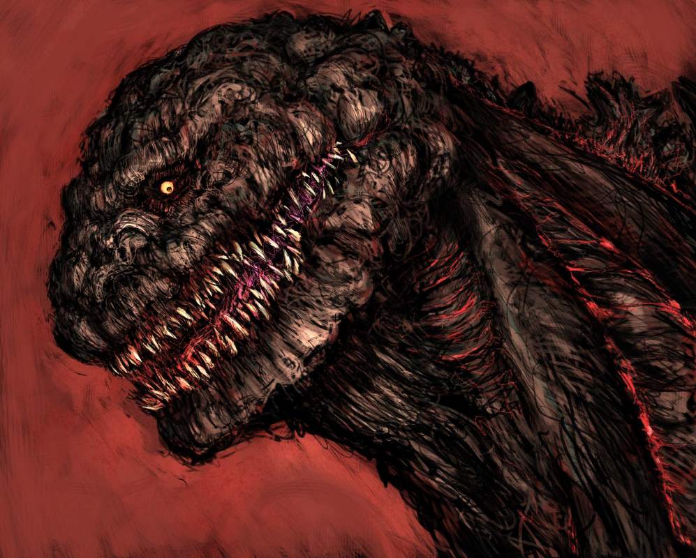 close-up giant giant_monster glowing glowing_veins godzilla godzilla_(series) horror_(theme) kaiju looking_at_viewer looking_down monster moto_murabito no_humans open_mouth red_background sharp_teeth shin_godzilla simple_background spikes teeth toho tongue veins yellow_eyes