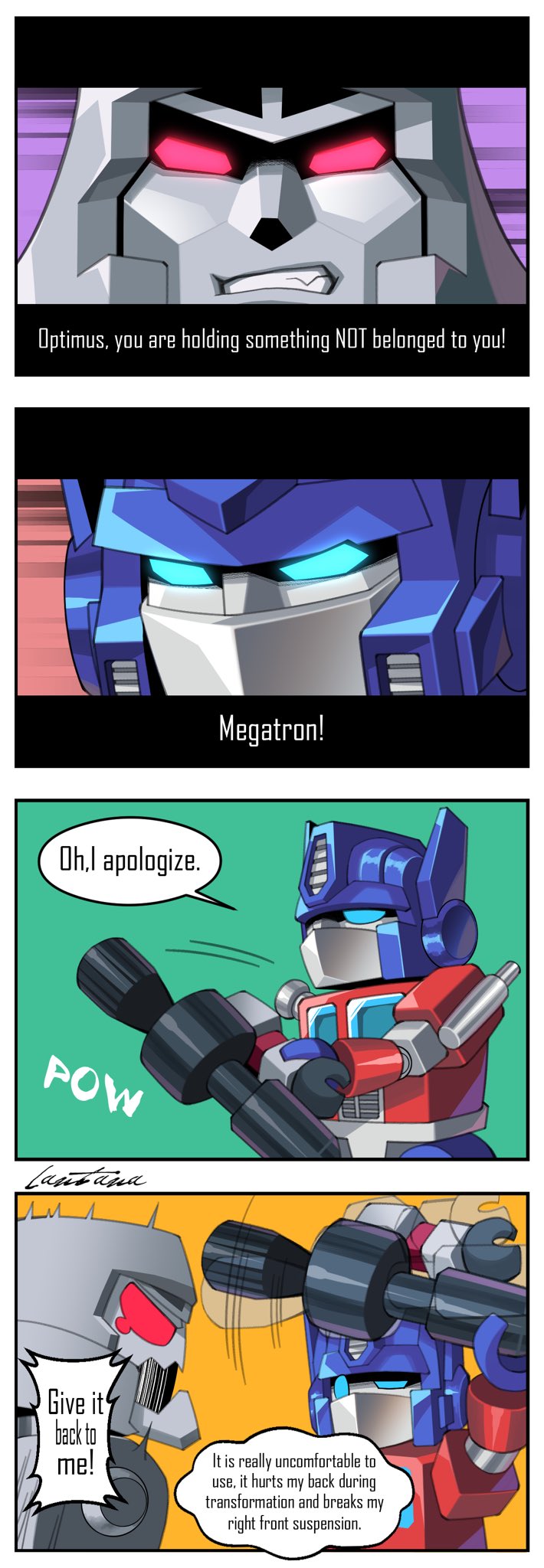 arm_cannon blue_eyes clenched_teeth commentary english_commentary english_text highres holding_own_arm how_do_you_feel_about_going_on_the_offensive?_(transformers) kre-o lantana0_0 lego_minifig mecha mecha_focus megatron motion_blur optimus_prime parody red_eyes robot speech_bubble teeth transformers transformers_(skybound) weapon
