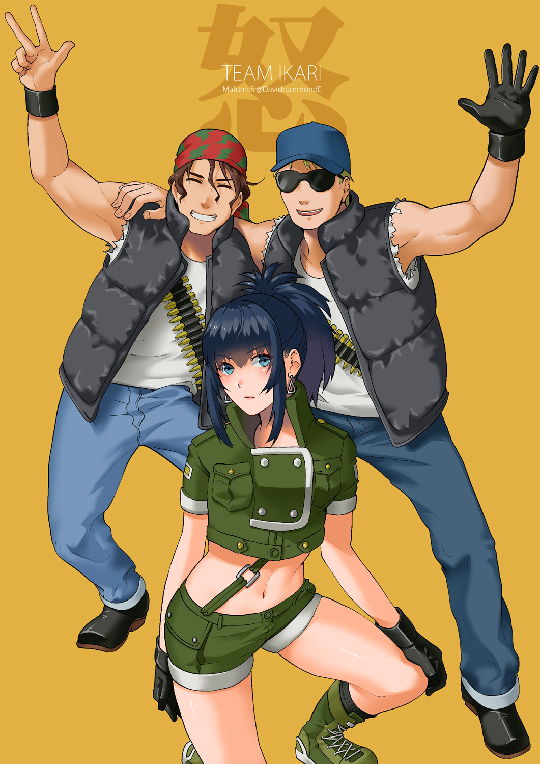 1girl 2boys bandana baseball_cap black_gloves blonde_hair blue_eyes blue_hair blue_headband boots brown_hair clark_still combat_boots earrings gloves green_shorts hat headband highres jewelry leona_heidern mature_male midriff multiple_boys navel pants ralf_jones sakura_mafumi shirt shorts single_glove sleeveless sleeveless_shirt sunglasses suspenders the_king_of_fighters vest white_shirt