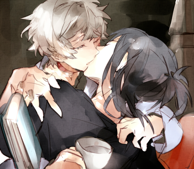 2boys arm_around_neck black_background black_hair black_shirt blue_jacket book choker closed_eyes couch couple cup drink eyelashes fingernails grey_hair hand_on_another&#039;s_shoulder holding holding_drink indoors jacket living_room long_sleeves male_focus multiple_boys nezumi_(no.6) no.6 on_couch ponytail red_choker shion_(no.6) shirt short_hair short_ponytail sitting suou_(sdurorhr) tea teacup upper_body yaoi