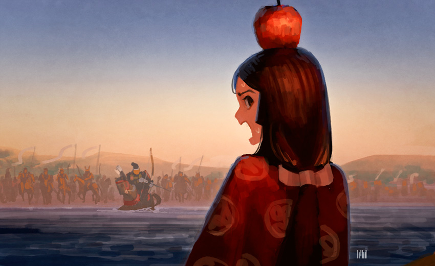1girl 6+boys apple_on_head army arrow_(projectile) black_hair bow_(weapon) brown_hair fmu food food_on_head fruit fruit_on_head hill holding holding_arrow holding_bow_(weapon) holding_weapon horse horseback_archery horseback_riding looking_at_viewer looking_back multiple_boys object_on_head open_mouth original riding scared solo_focus sweatdrop water weapon