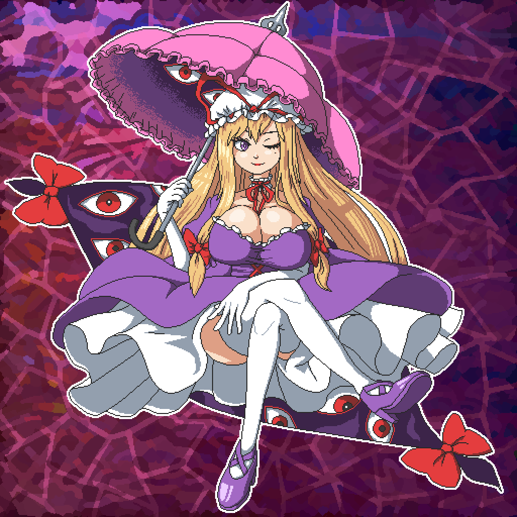1girl aksawshin blonde_hair bow breasts cleavage dress gloves hair_bow hat hat_ribbon high_heels large_breasts lips long_hair long_sleeves mob_cap one_eye_closed pixel_art purple_eyes ribbon smile solo thighhighs touhou umbrella yakumo_yukari