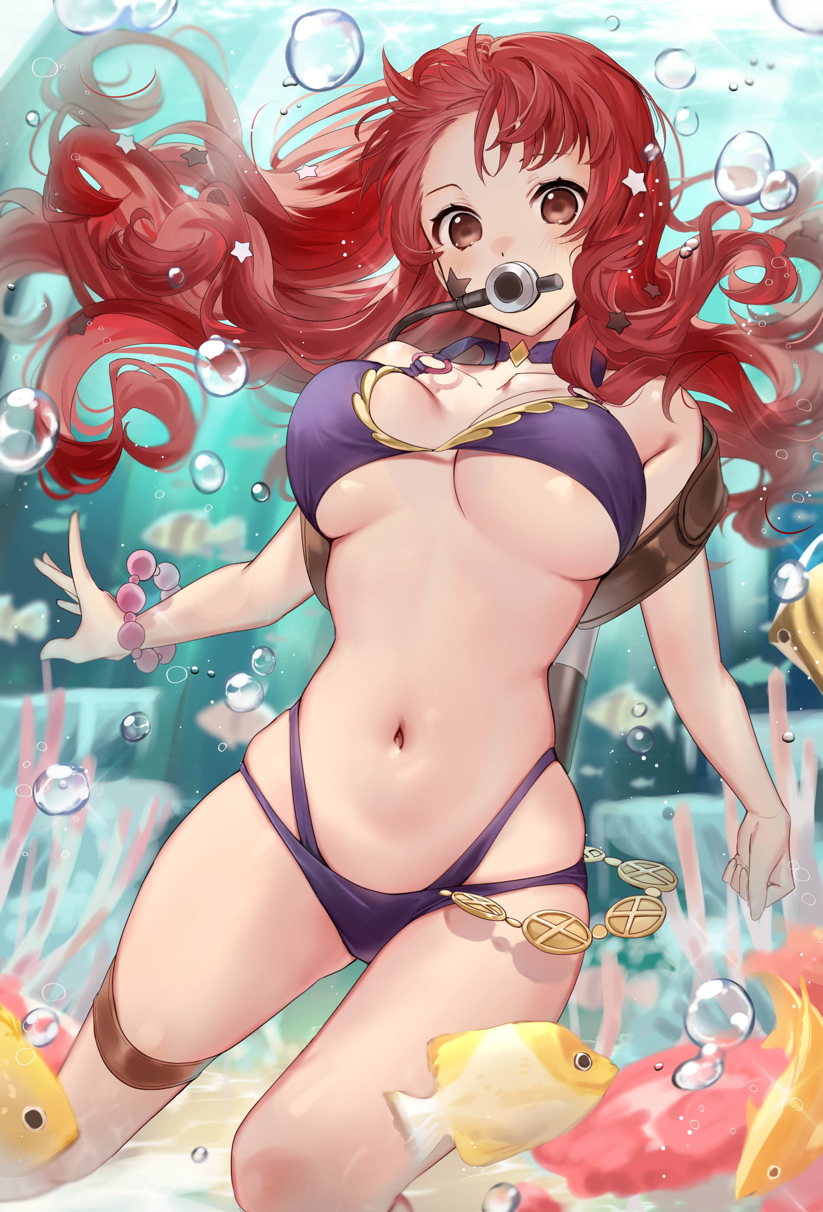 1girl absurdres alternate_costume bikini breasts collarbone commentary commission english_commentary facial_mark fire_emblem fire_emblem_engage fire_emblem_heroes fish hair_ornament haru_(nakajou-28) highres large_breasts looking_at_viewer navel nintendo purple_bikini second-party_source skeb_commission skindentation solo star_(symbol) star_facial_mark star_hair_ornament stomach swimsuit thigh_strap thighs underboob underwater water yunaka_(fire_emblem)