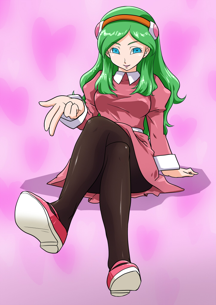 10s 1girl blue_eyes brianne_de_chateau dengeki_gx dragon_ball dragon_ball_super female_focus green_hair hairband heart long_hair open_mouth pantyhose pink_background ribrianne sitting solo