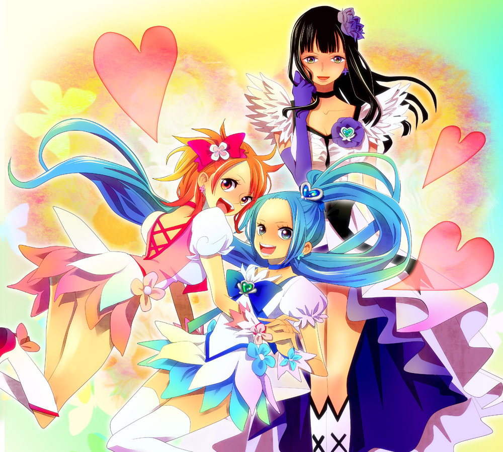 3girls black_hair black_neckwear blue_hair blue_skirt boots bow brooch cosplay cure_blossom cure_blossom_(cosplay) cure_marine cure_marine_(cosplay) cure_moonlight cure_moonlight_(cosplay) elbow_gloves eyelashes gloves heart heart_brooch heartcatch_precure! high_ponytail himerinco jewelry knee_boots long_hair magical_girl multiple_girls nami_(one_piece) nefertari_vivi nico_robin one_piece orange_hair ponytail precure short_hair single_elbow_glove single_glove skirt thighhighs waist_bow