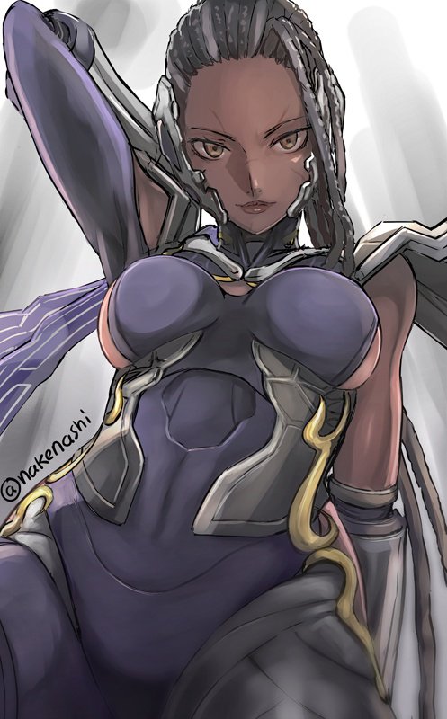 1girl armor armpits black_hair bodysuit breasts brown_eyes dark-skinned_female dark_skin dreadlocks female_focus long_hair master_raven medium_breasts namco ninja pauldrons shoulder_armor sideboob solo tea_(nakenashi) tekken tekken_7 twitter_username very_dark_skin
