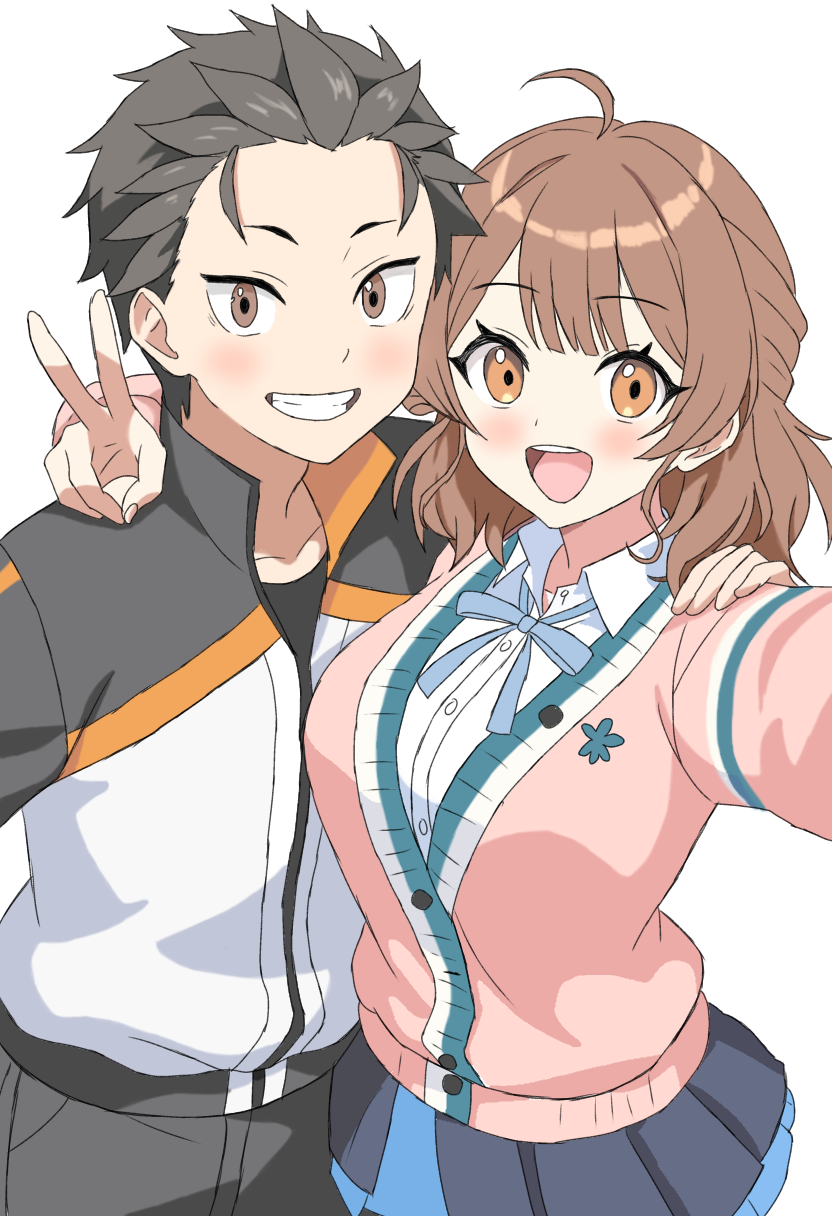 1boy 1girl ahoge amagappa_(kinketsuamagappa) arm_around_shoulder birthday_connection black_hair black_overskirt blue_ribbon blue_skirt breasts brown_hair commentary_request crossover fingernails forehead gakuen_idolmaster grin hair_flaps hanami_ume hatsuboshi_gakuen_school_uniform highres idolmaster jacket looking_at_viewer medium_breasts natsuki_subaru neck_ribbon pleated_skirt re:zero_kara_hajimeru_isekai_seikatsu ribbon school_uniform shirt simple_background skirt smile track_jacket v white_background white_shirt