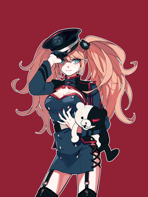 1girl alternate_costume bear_hair_ornament belt black_belt black_gloves black_hat black_panties black_thighhighs blonde_hair blue_dress blue_eyes breasts cleavage cleavage_cutout clothing_cutout commentary_request danganronpa:_trigger_happy_havoc danganronpa_(series) dg_xhs dress enoshima_junko gloves hair_ornament half_gloves hand_on_headwear hat holding holding_stuffed_toy korean_commentary large_breasts long_hair long_sleeves looking_at_viewer military_uniform monokuma outline panties panty_peek peaked_cap red_background red_nails side_slit simple_background single_glove skirt smile solo stuffed_animal stuffed_toy teddy_bear thighhighs twintails underwear white_outline